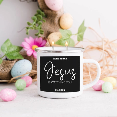 Jesus is Watching You mug candle