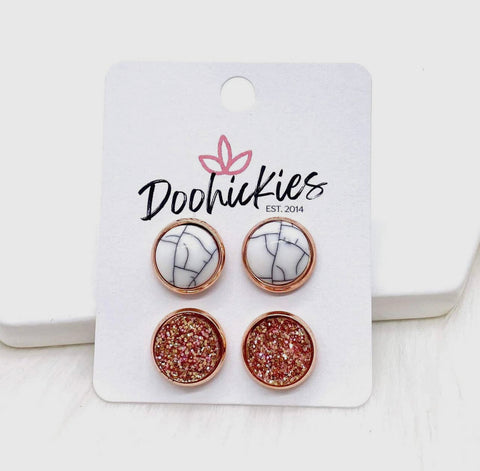 White marble & rose glitter studs - earrings