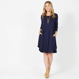 3/4 Sleeve Boat-Neck Two-Pocket Dress in Navy Blue
