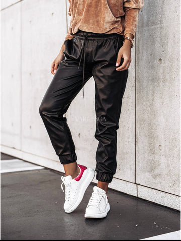 Black faux leather joggers